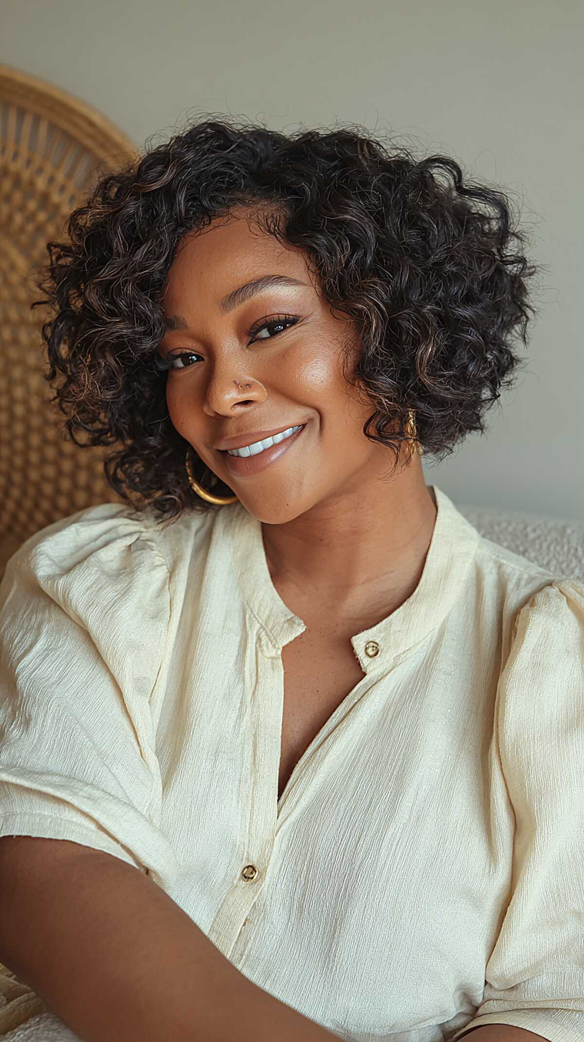Bouncy Curly Bob with Natural Dark Tones and Subtle Honey Pieces