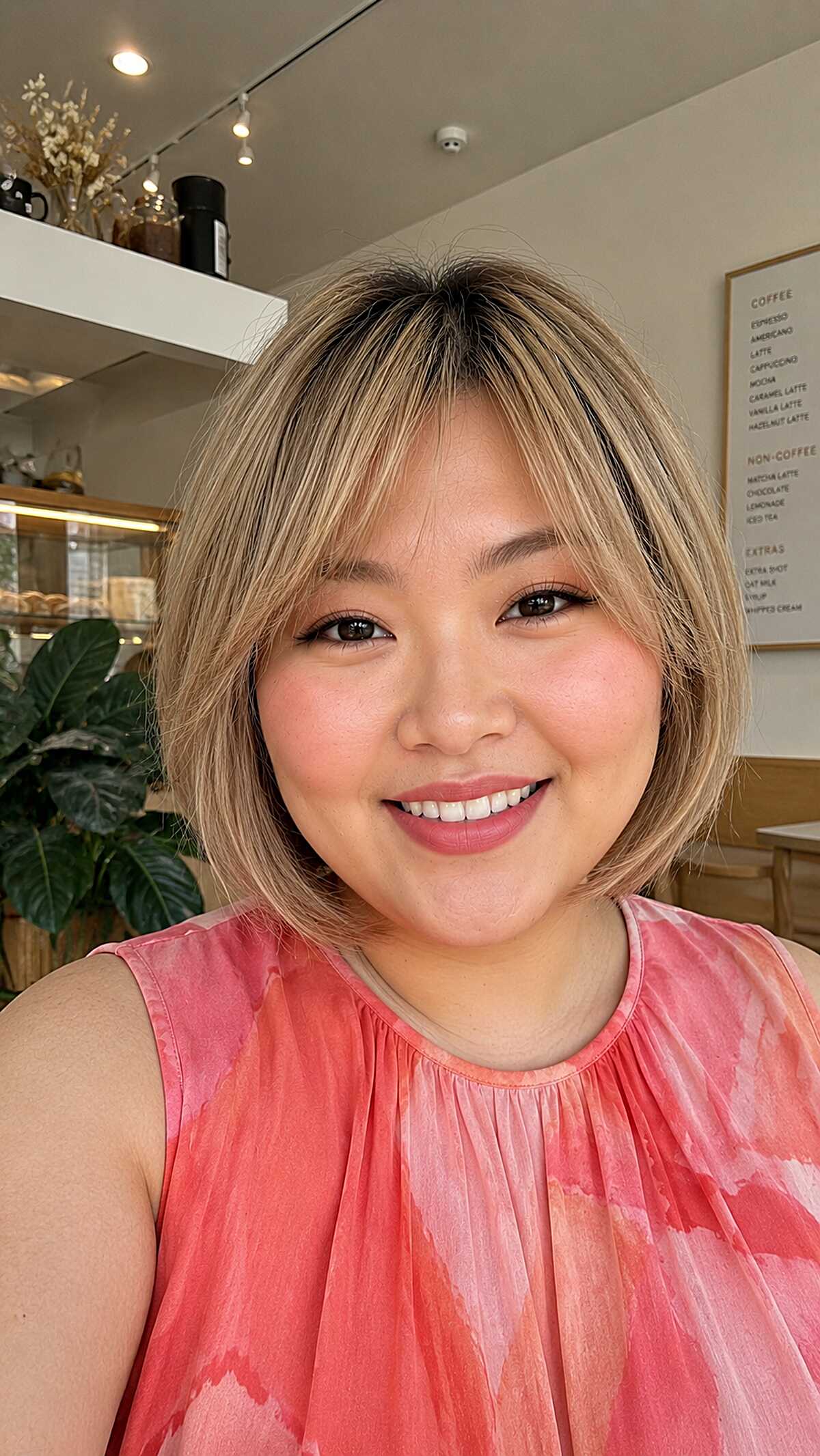 Buttery blonde chin-length bob with soft wispy fringe