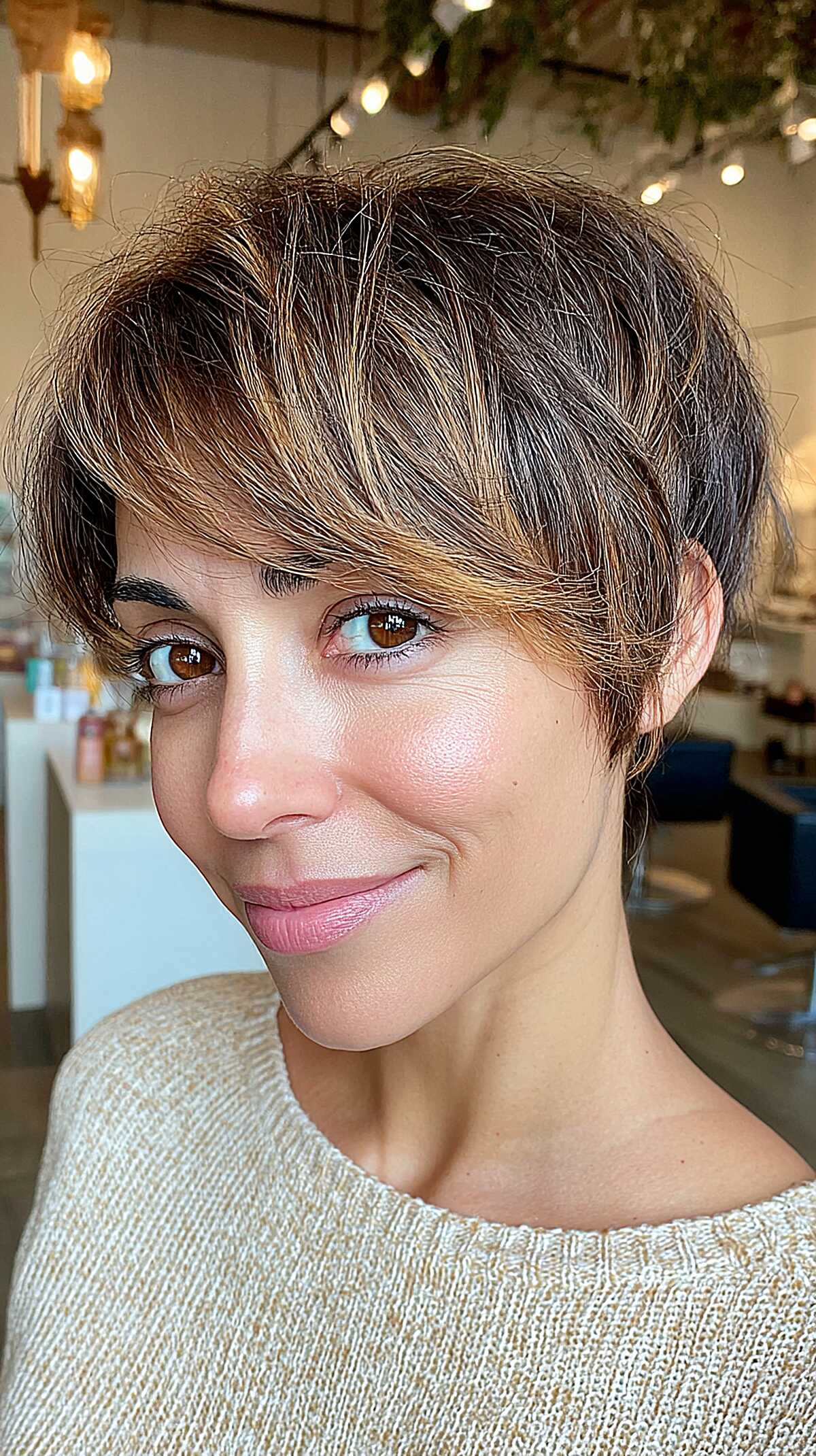 Caramel-Kissed Brunette Pixie with Full Textured Fringe