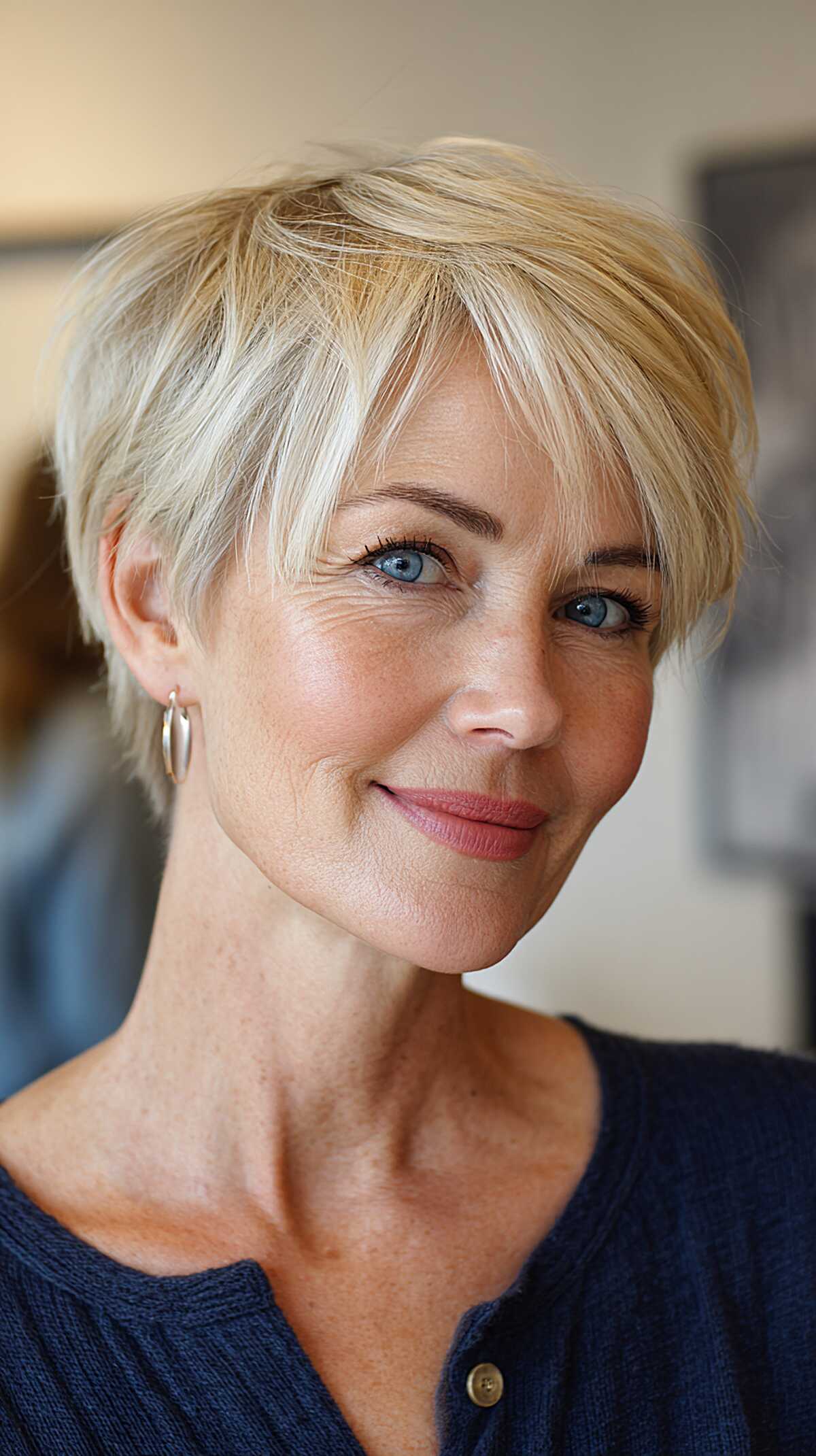Champagne Blonde Textured Pixie with Feathered Fringe