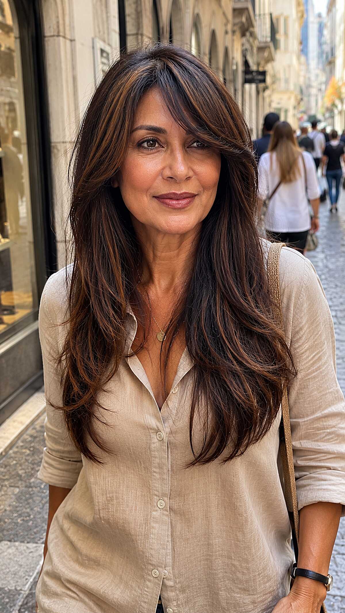 Chestnut Long Layers with Tapered Side-Swept Fringe