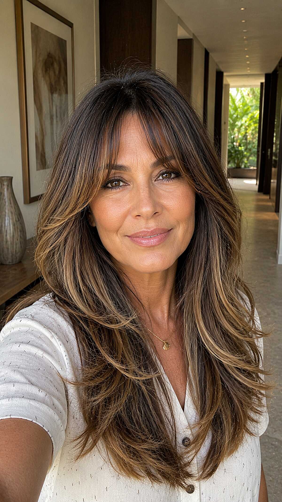 Chocolate Brunette with Golden Foils and Long Parted Fringe