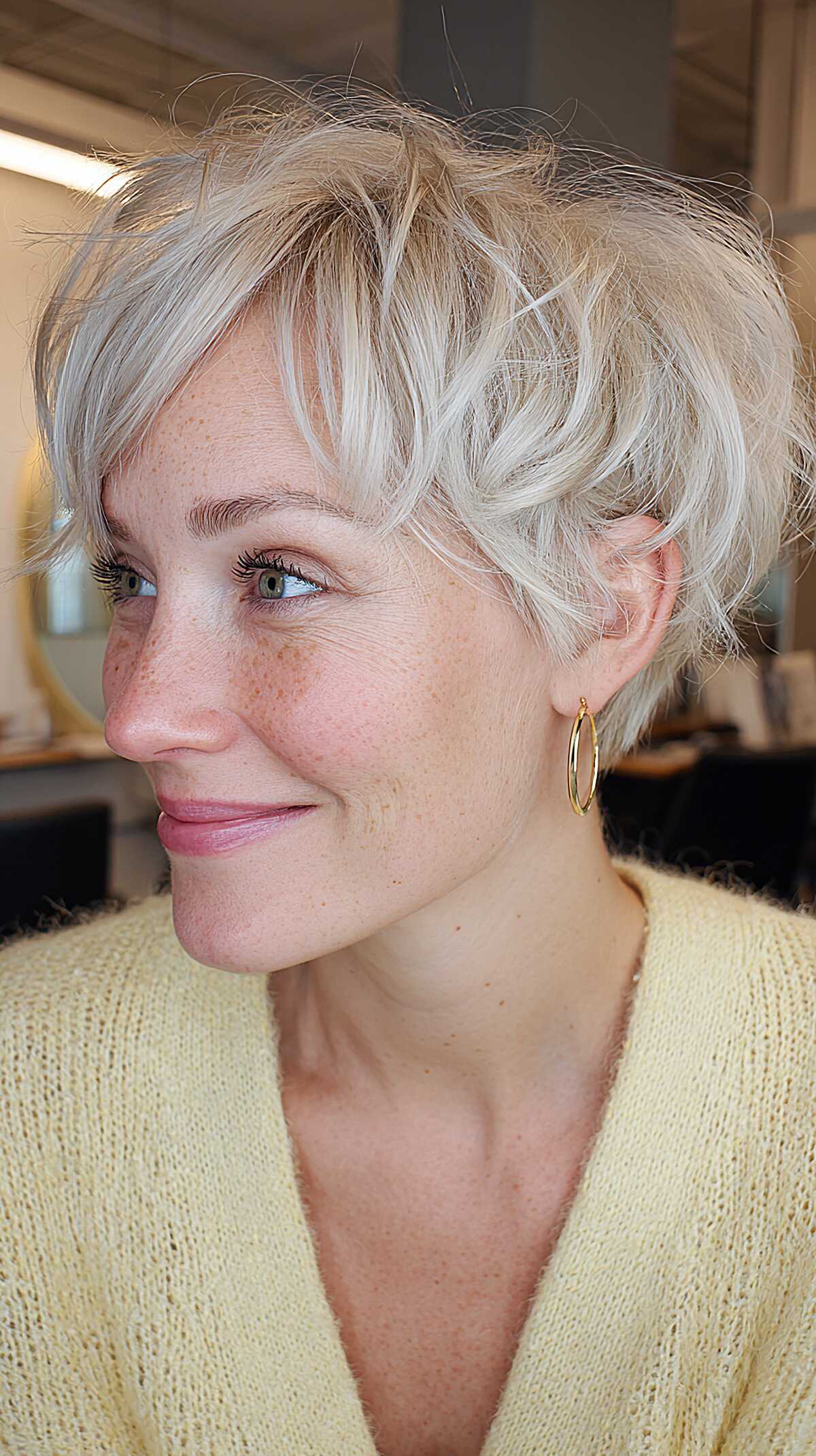 Cool Ash Blonde Pixie with Tousled Crown and Piecey Fringe