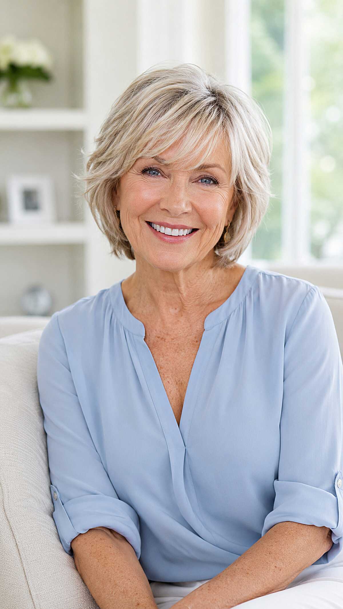 Cool Blonde Chin-Length Layered Cut with Feathered Side Bangs