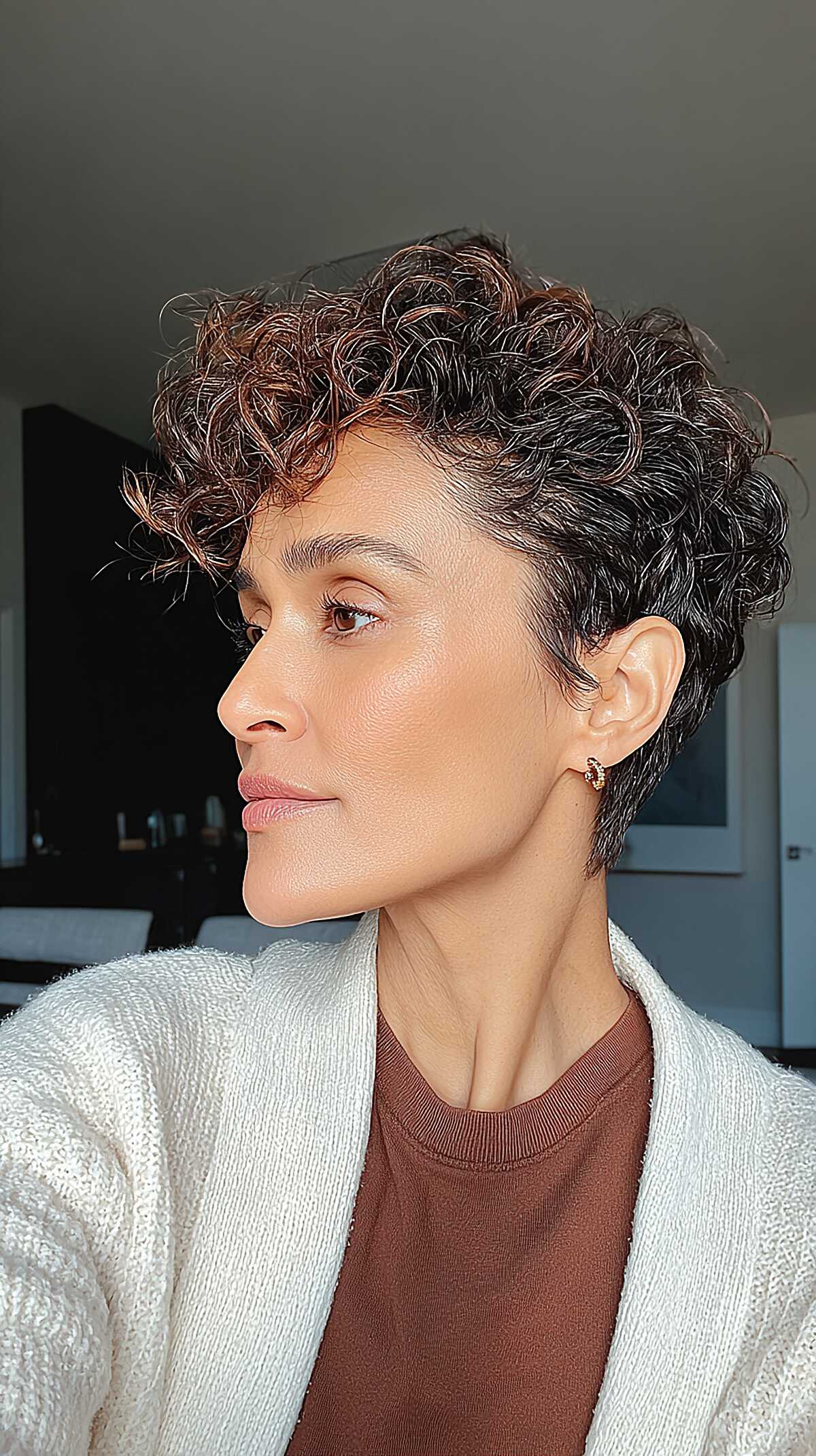 Cropped Curly Pixie with Warm Espresso Undertones