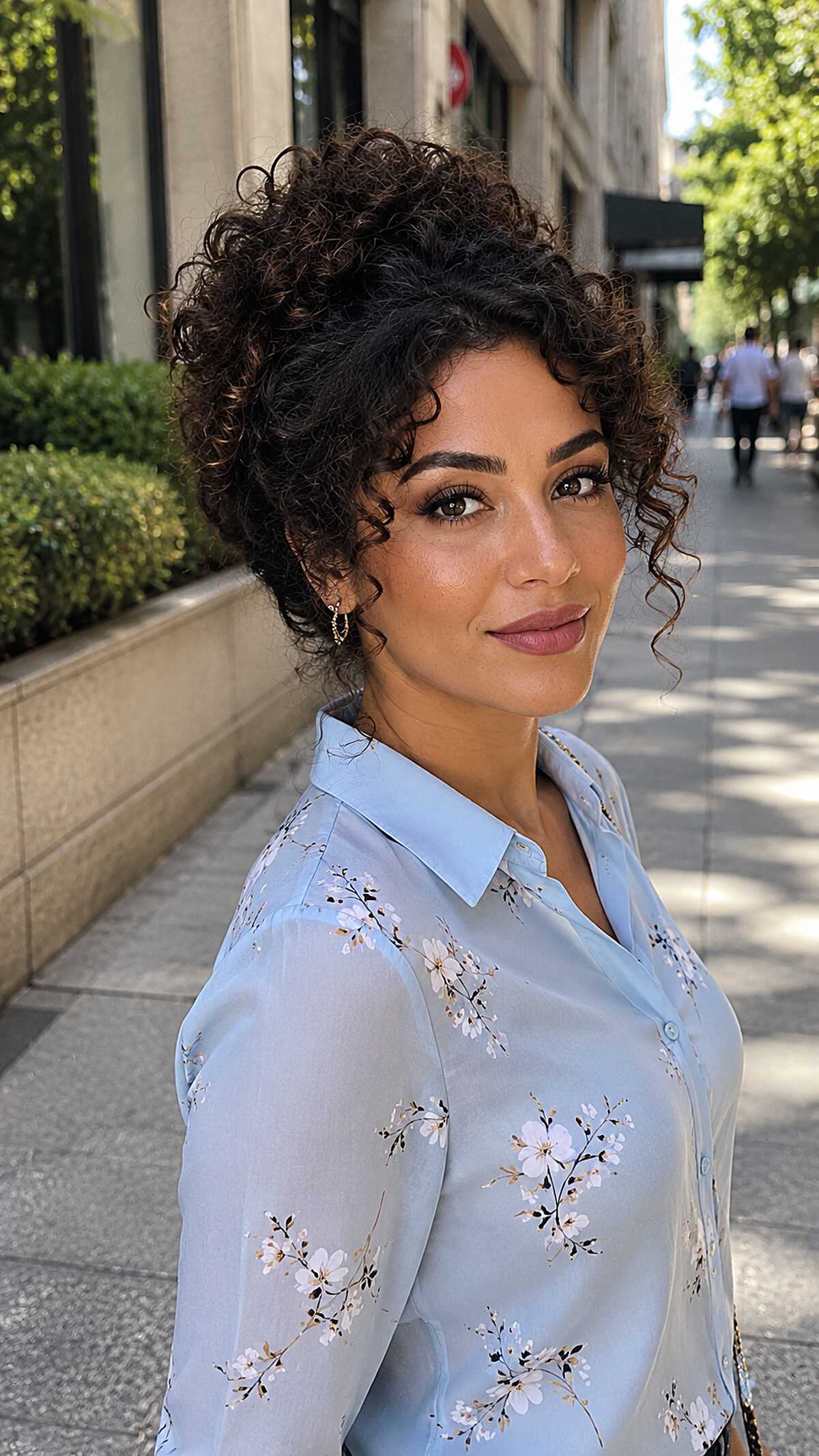 Curly Bangs Updo with Dark Espresso Spirals