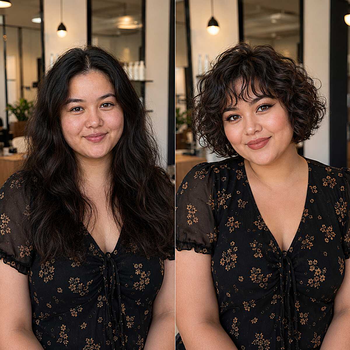 Before and after curly bob transformation on round face