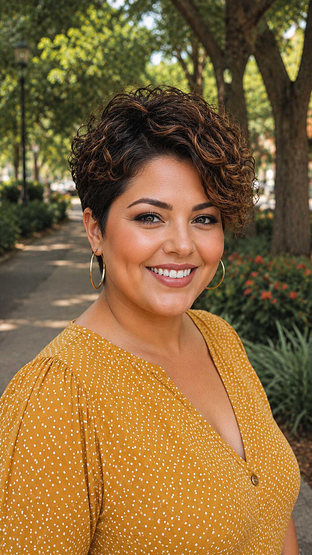 Short curly tapered pixie with auburn curls on top