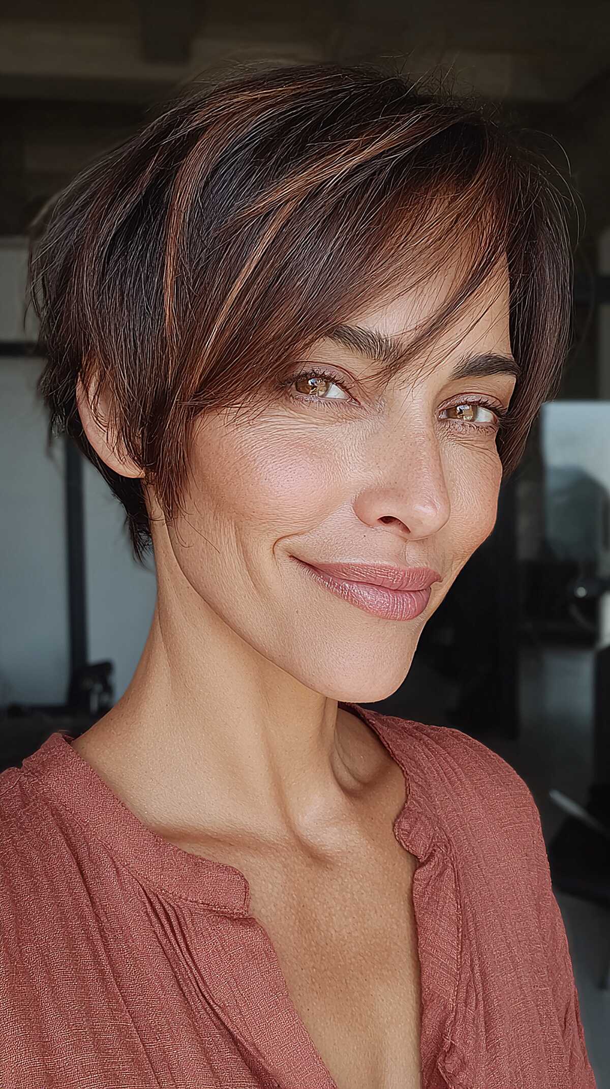 Dark Chocolate Pixie with Whisper-Thin Fringe and Ear-Grazing Length