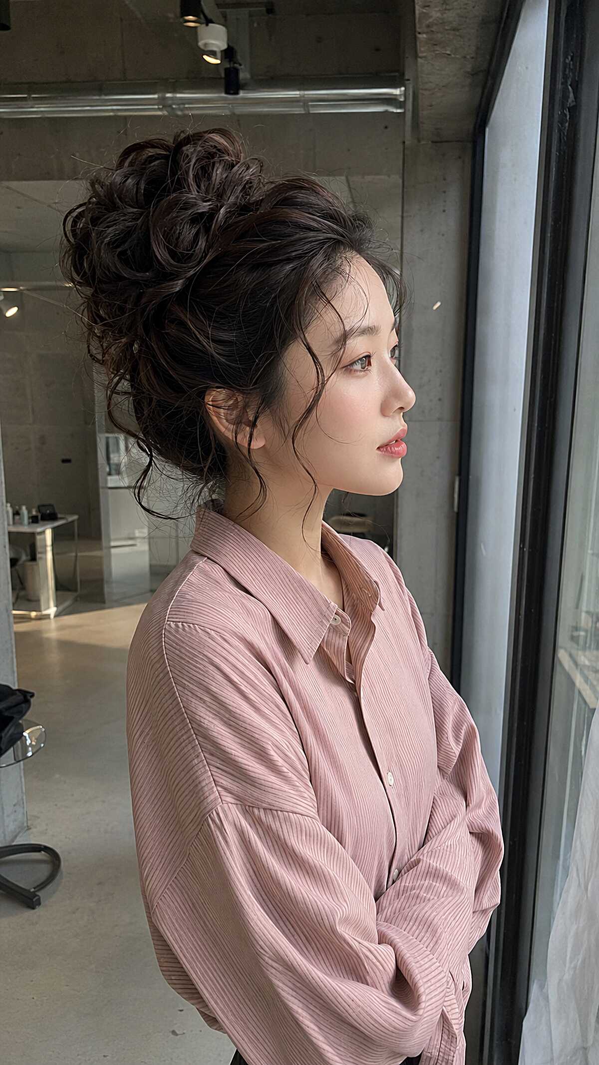 Dark Curly Cloud Bun with Deliberate Nape Spillover