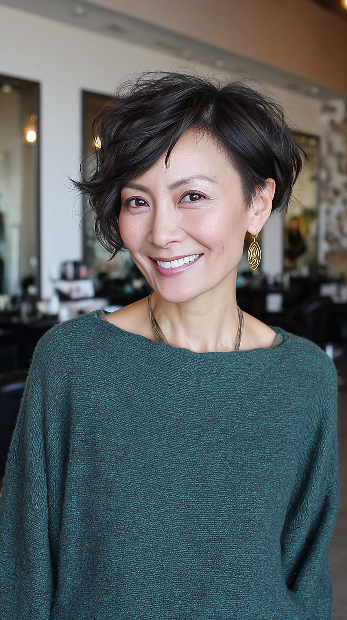 Dark Tousled Pixie with Razored Ends and Natural Wave