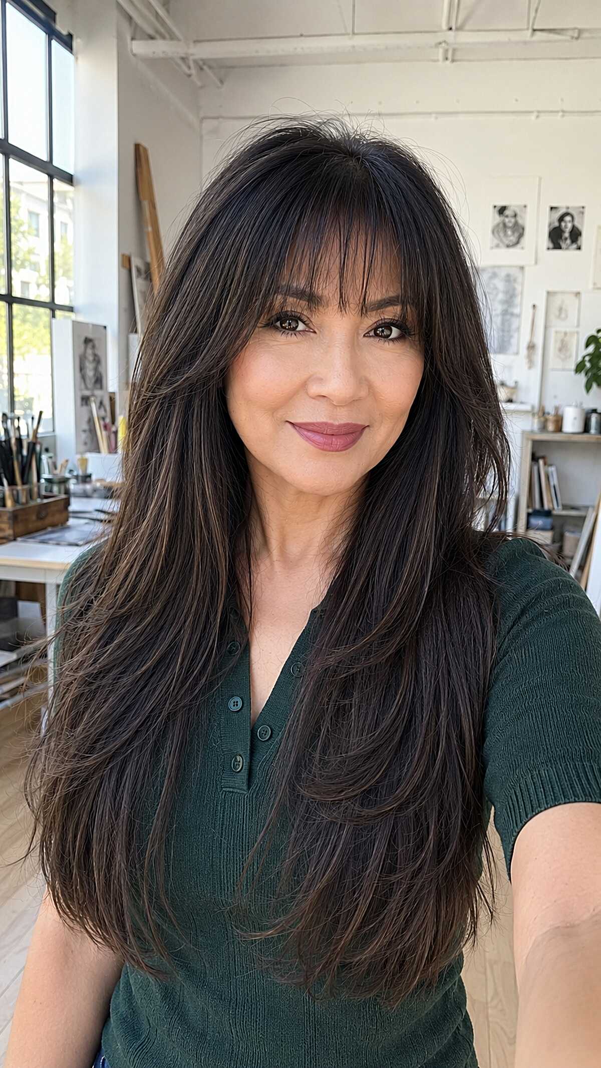 Deep Espresso Layers with Soft Arched Bangs