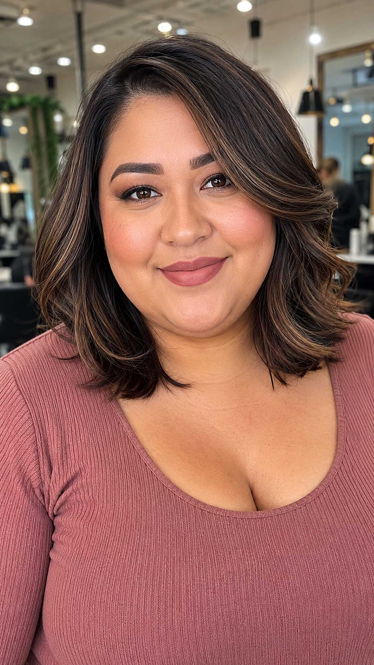 Deep Side Part Collarbone Bob with Warm Toffee Highlights