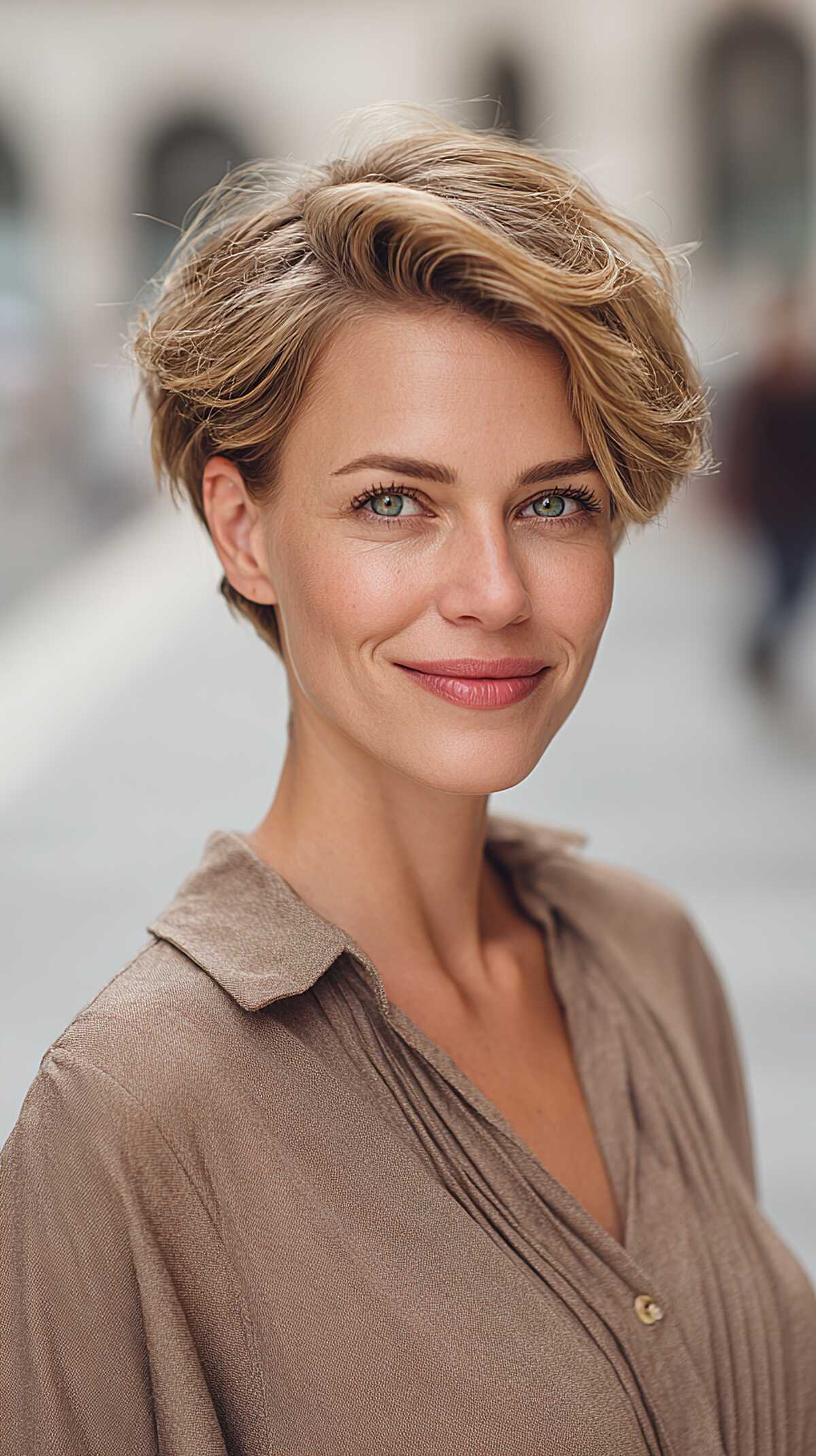Dirty Blonde Swept Pixie with Natural Wave and Soft Graduation