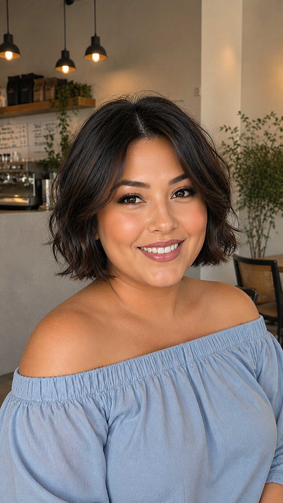 Effortless dark wavy bob with soft texture and volume