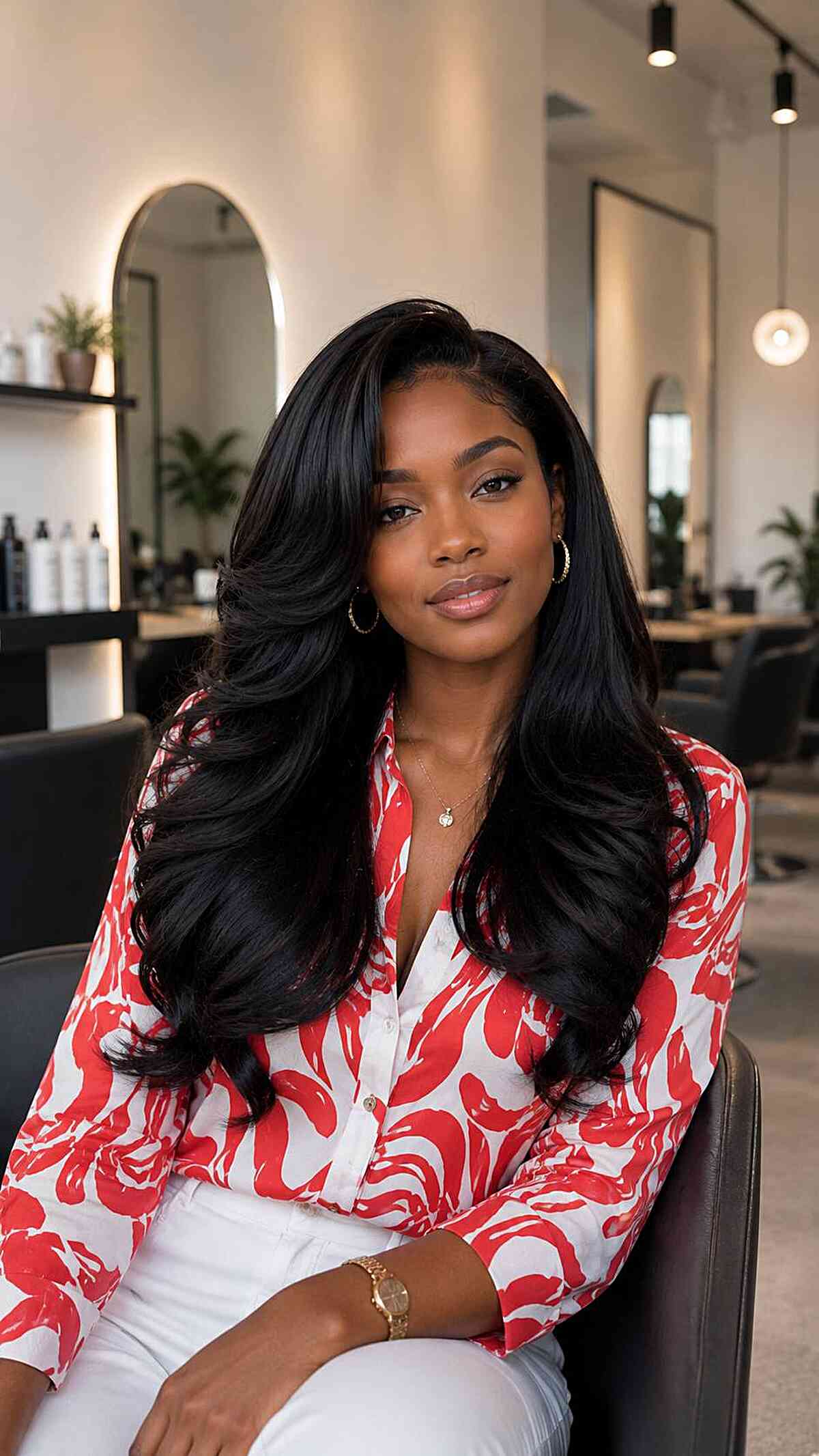 Elegant Long Layered Waves with Side Part