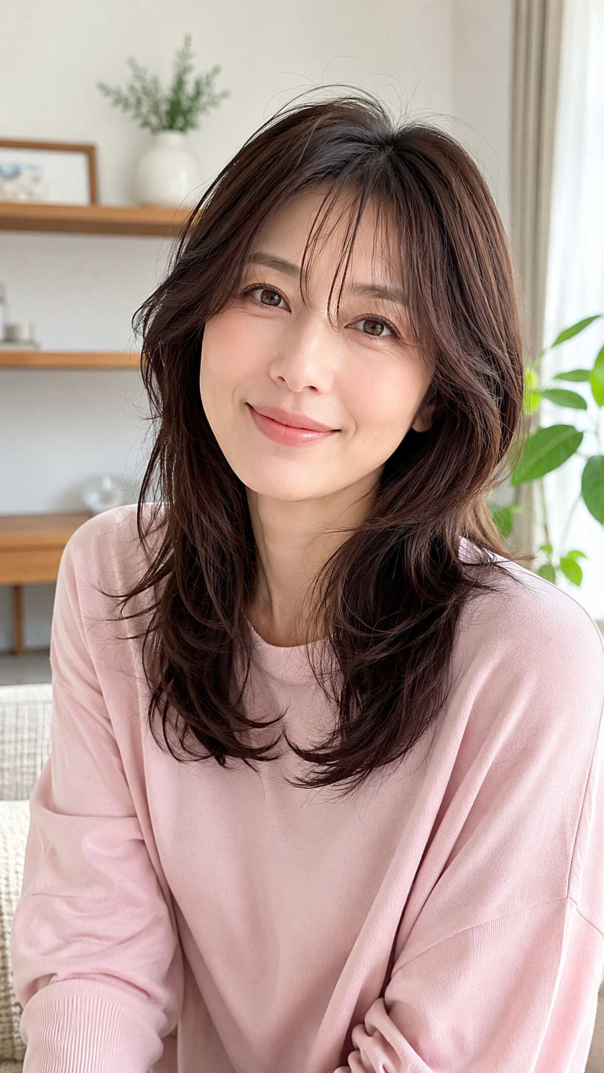 Feathered Brunette Layers with Curtain-Parted Fringe