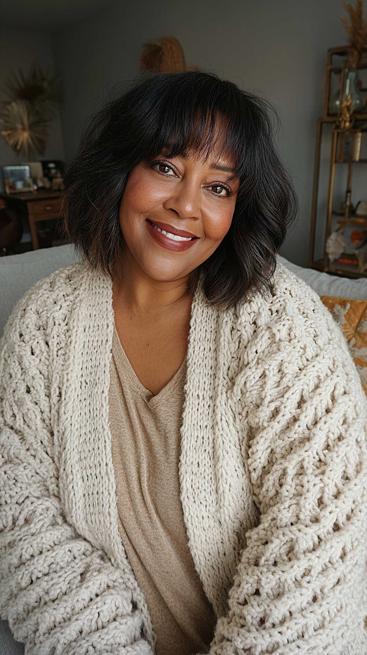 Feathered Chin-Length Shag with Piecey Bangs in Jet Black