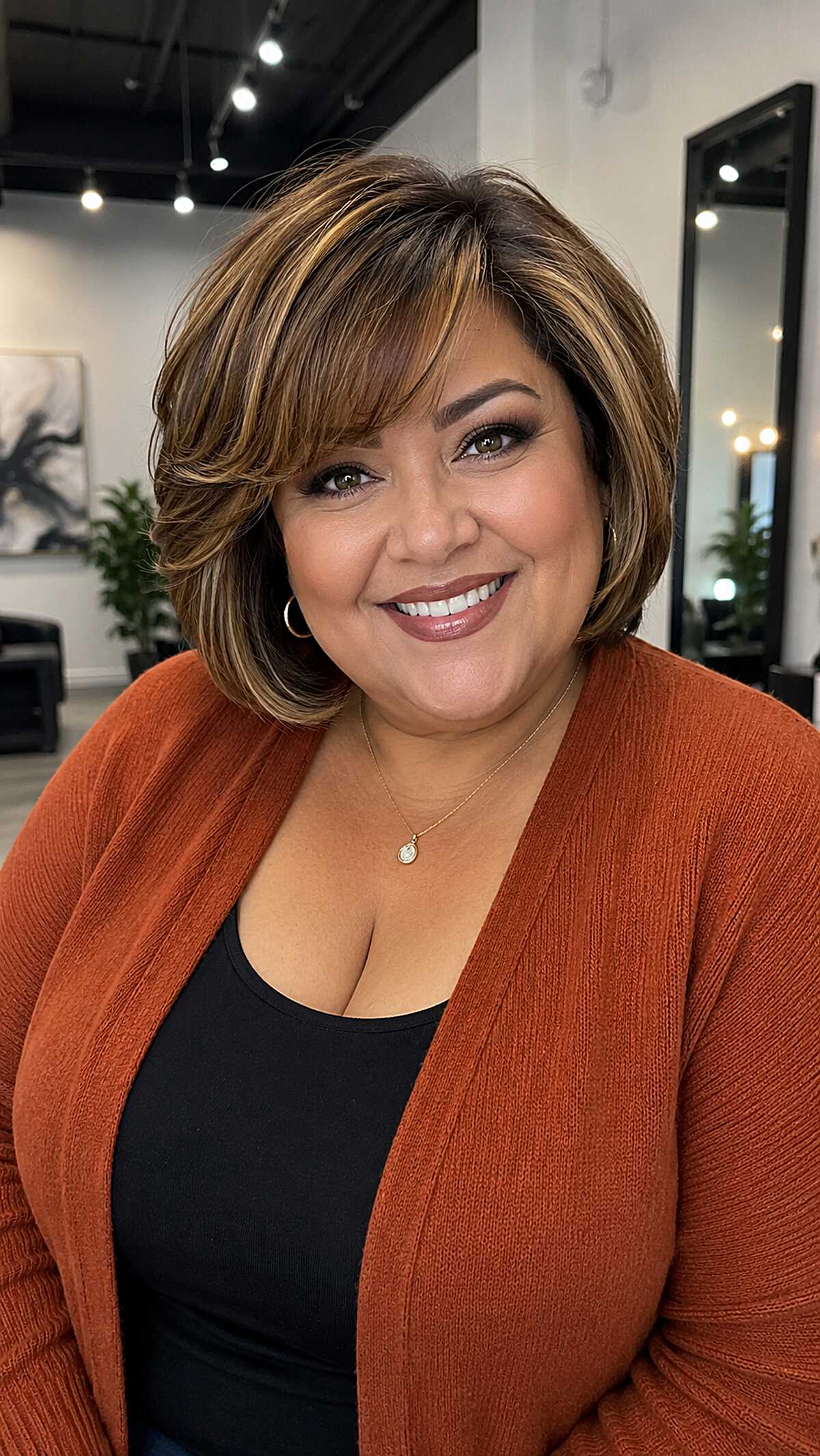 Feathered Ear-Length Bob with Golden Foil Highlights and Swooping Bangs