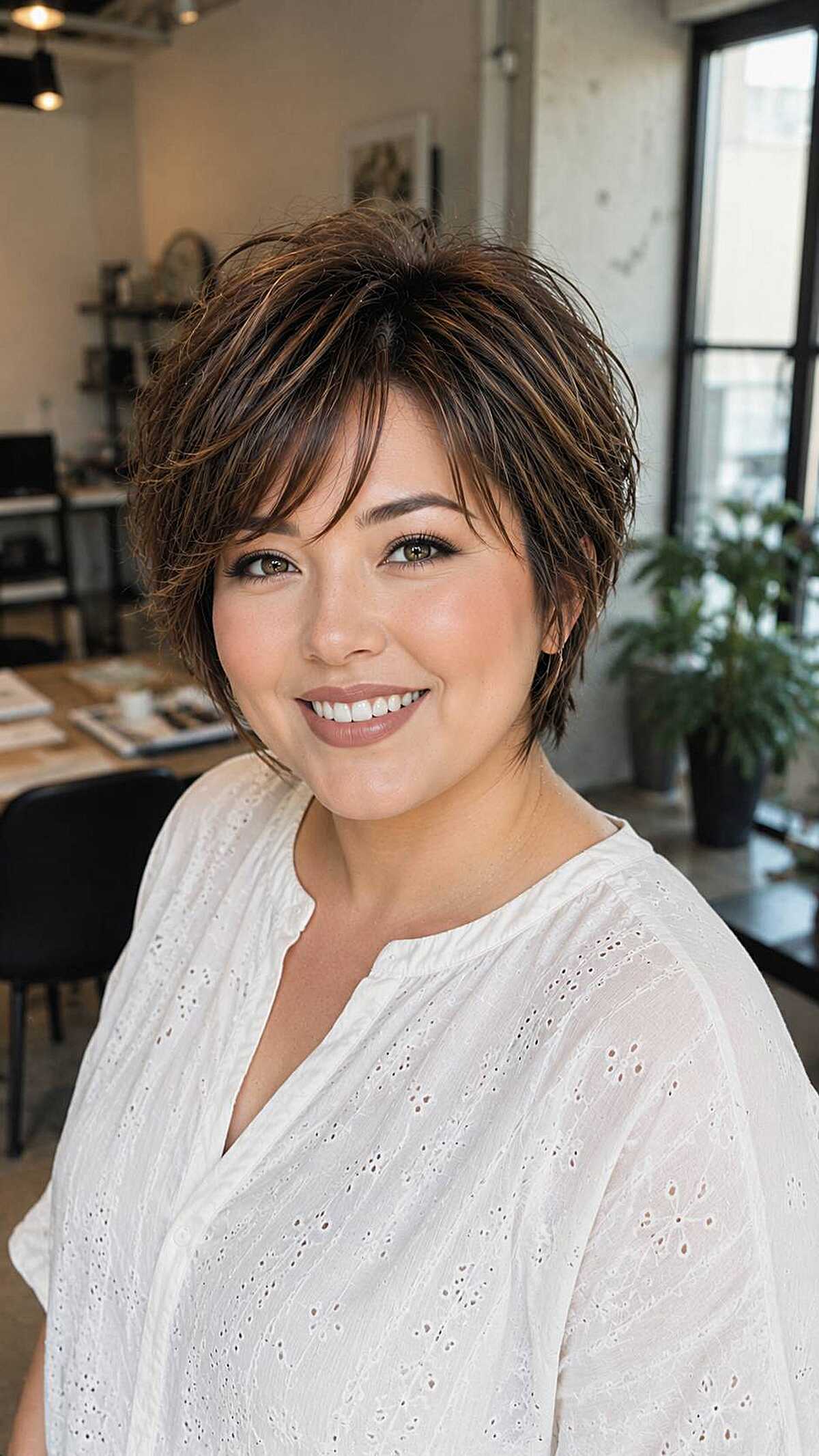 Short feathered crop with warm highlights and volume