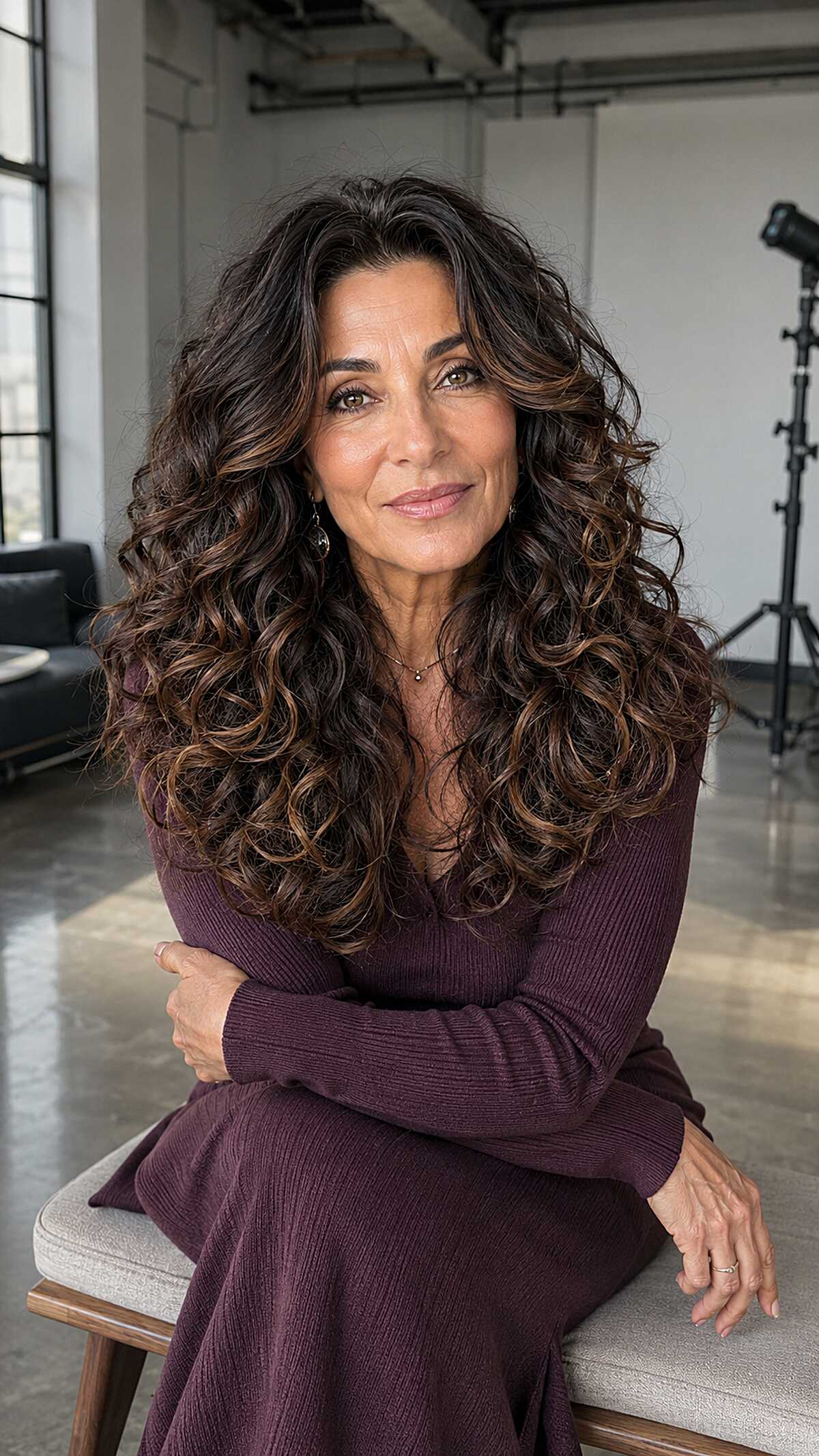 Full-Volume Dark Curls with Warm Toffee Accents