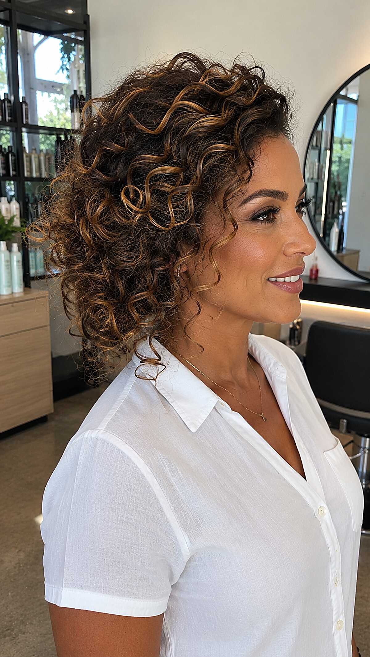 Gathered Curly Half-Collapse with Sun-Kissed Balayage