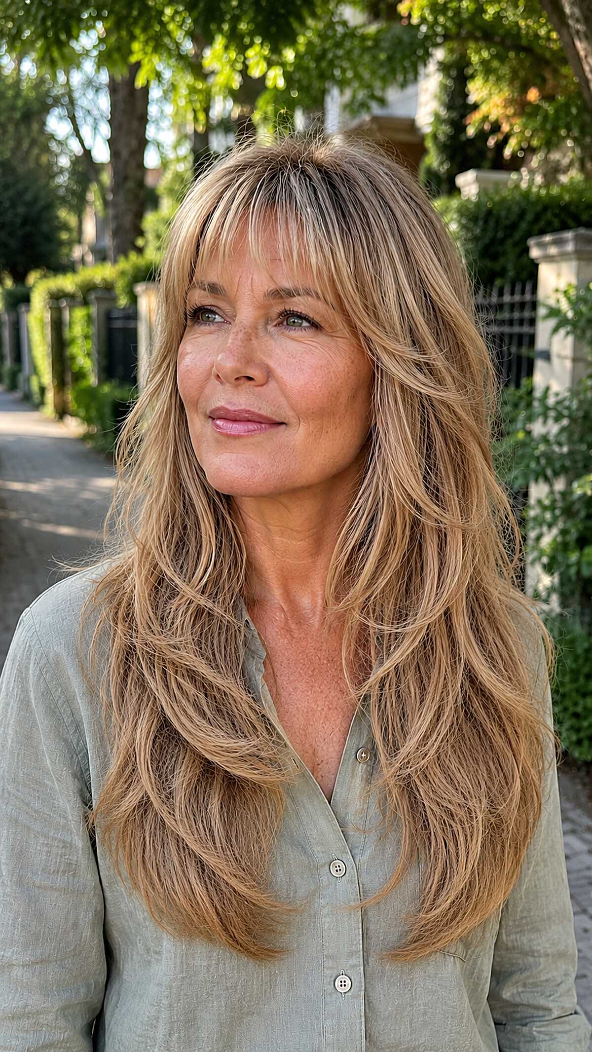 Golden Bronde Shag with Brow-Grazing Textured Fringe