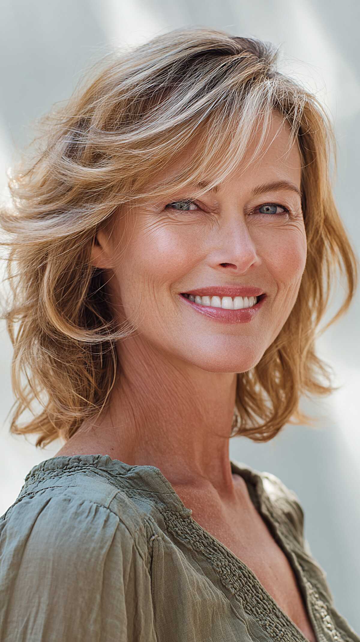 Honey Blonde Chin-Length Shag with Swept Curtain Bangs