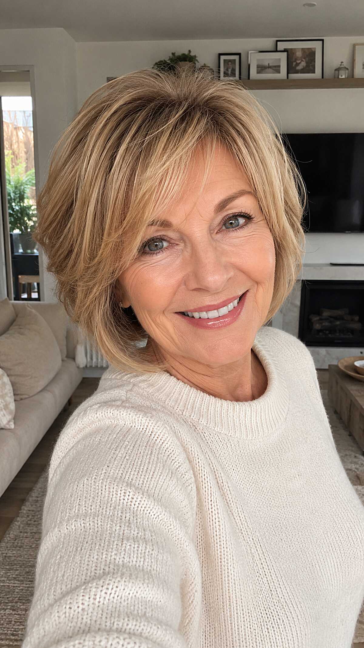 Honey Blonde Layered Bob with Feathered Side Fringe