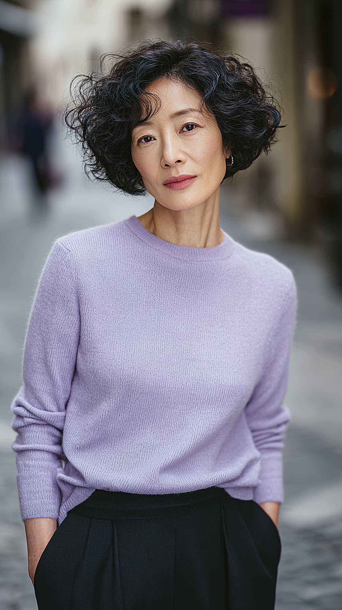 Jet Black Chin-Length Curly Bob with Airy Volume