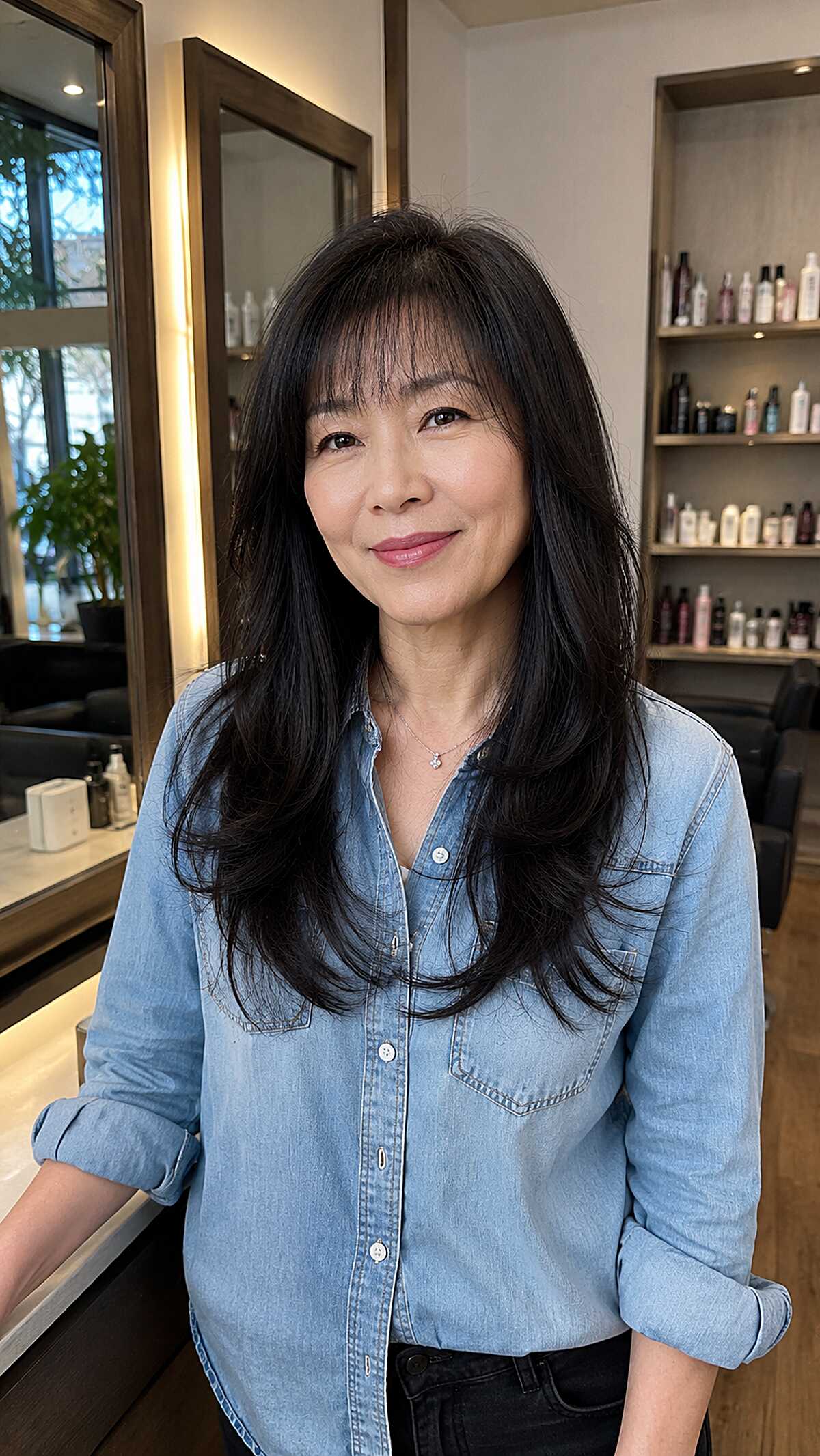 Jet Black Layered Length with Soft Piece-y Bangs