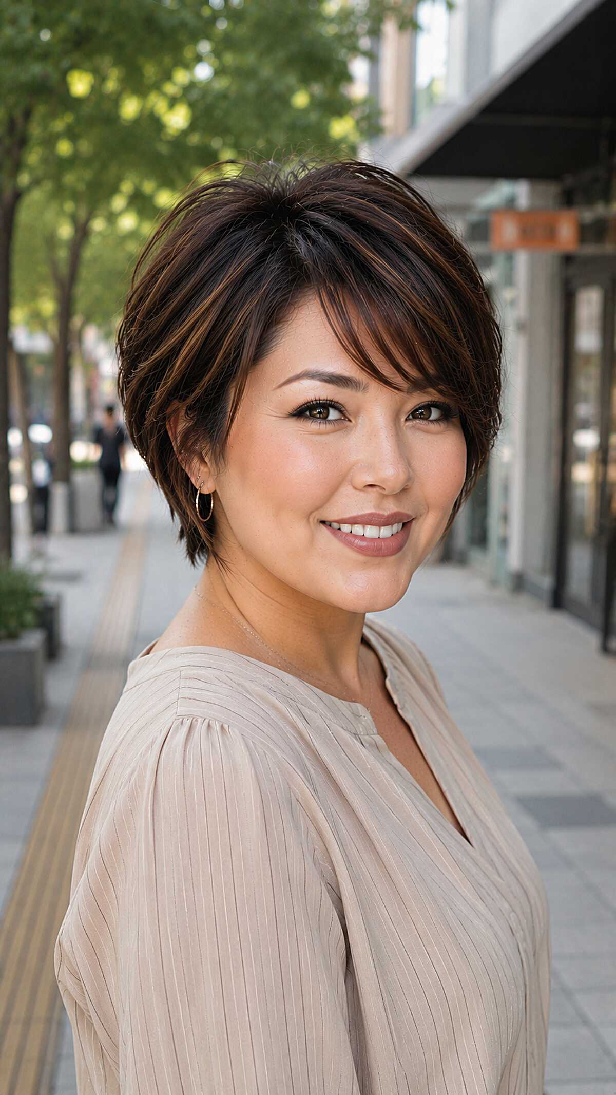 Short layered cut with auburn highlights and side part