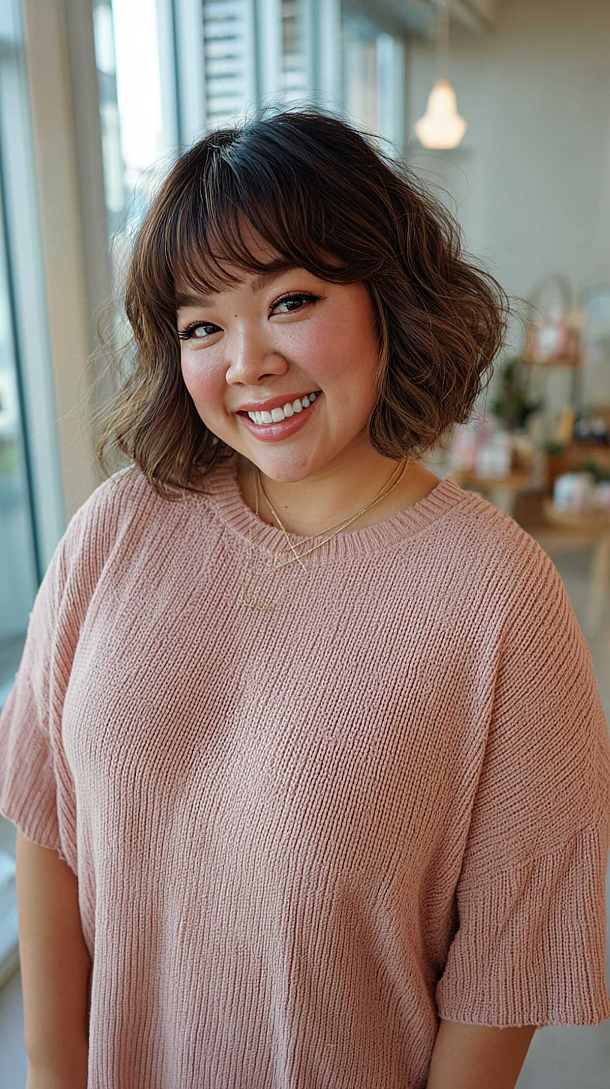 Layered Chin-Length Wavy Bob with Soft Fringe in Warm Brunette