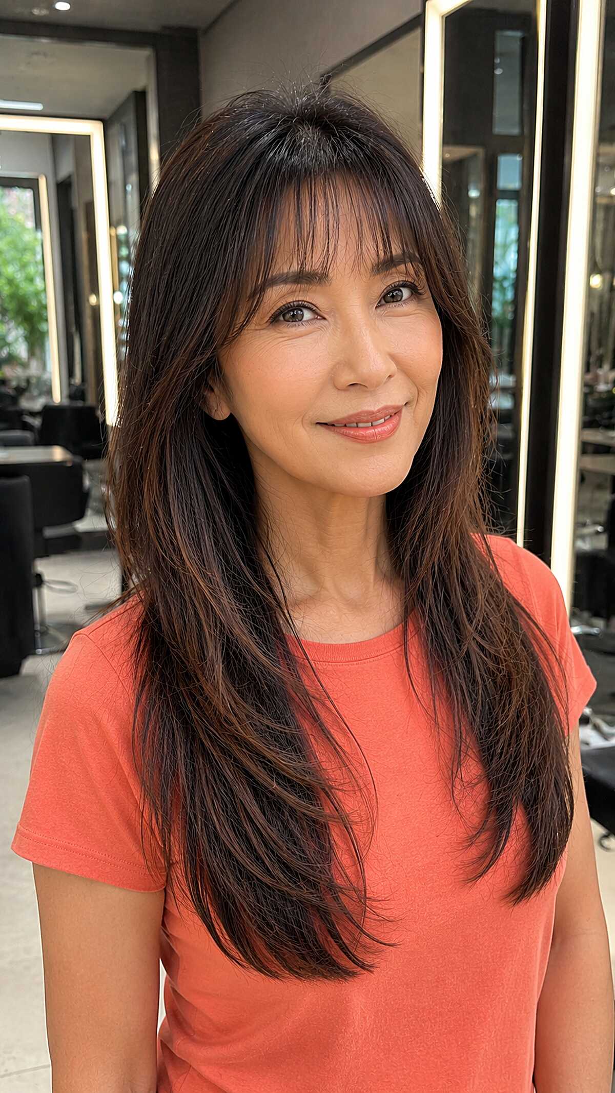 Layered Dark Brunette with Shaggy Fringe and Feathered Ends
