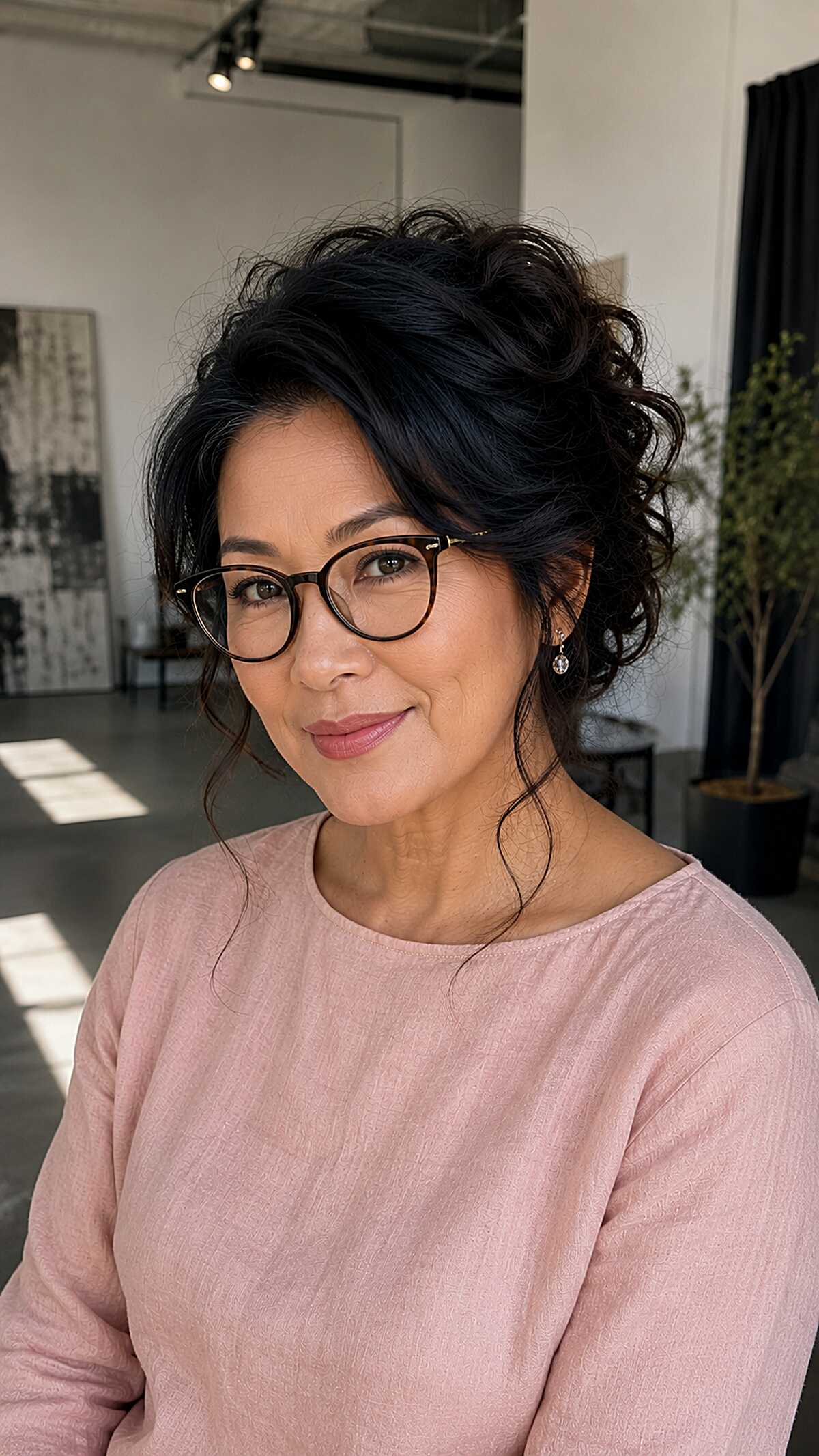 Loose Curly Updo with Face-Framing Tendrils