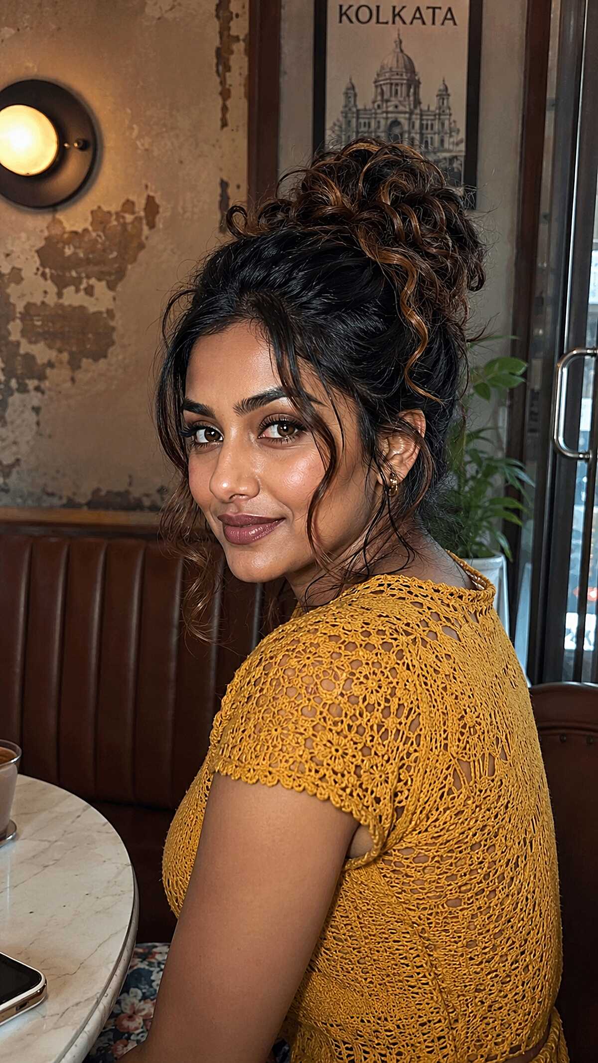 Messy Crown Bun with Auburn-Touched Curls