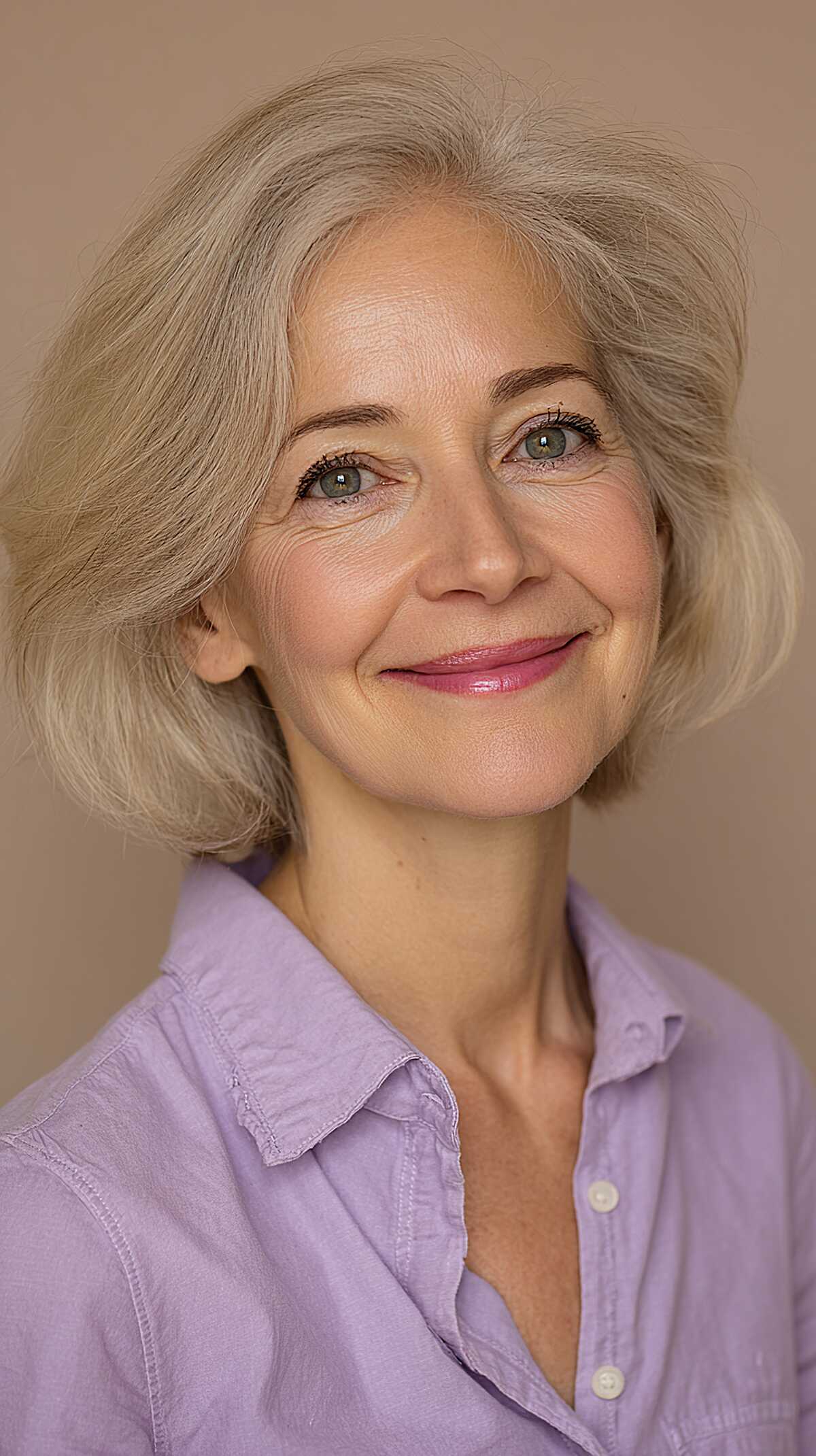 Natural Ash Blonde Chin-Length Bob with Root Lift and Soft Taper