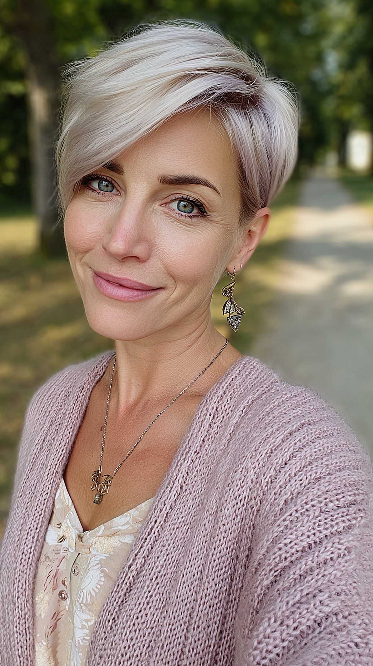 Platinum Side-Swept Pixie with Lavender Undertone