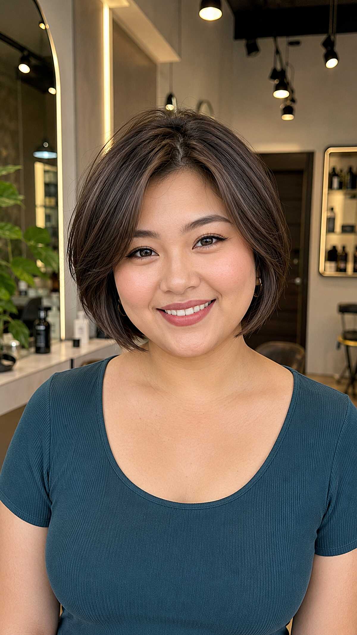 Polished dark brunette side-part bob at chin length
