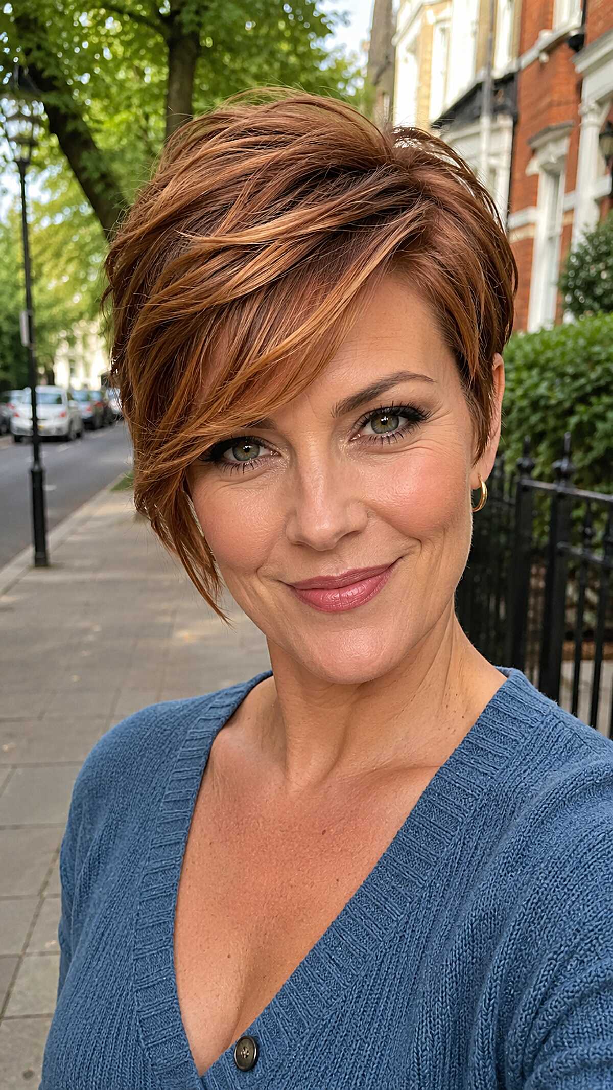 Rich Copper Pixie with Swept Layered Crown and Tapered Nape