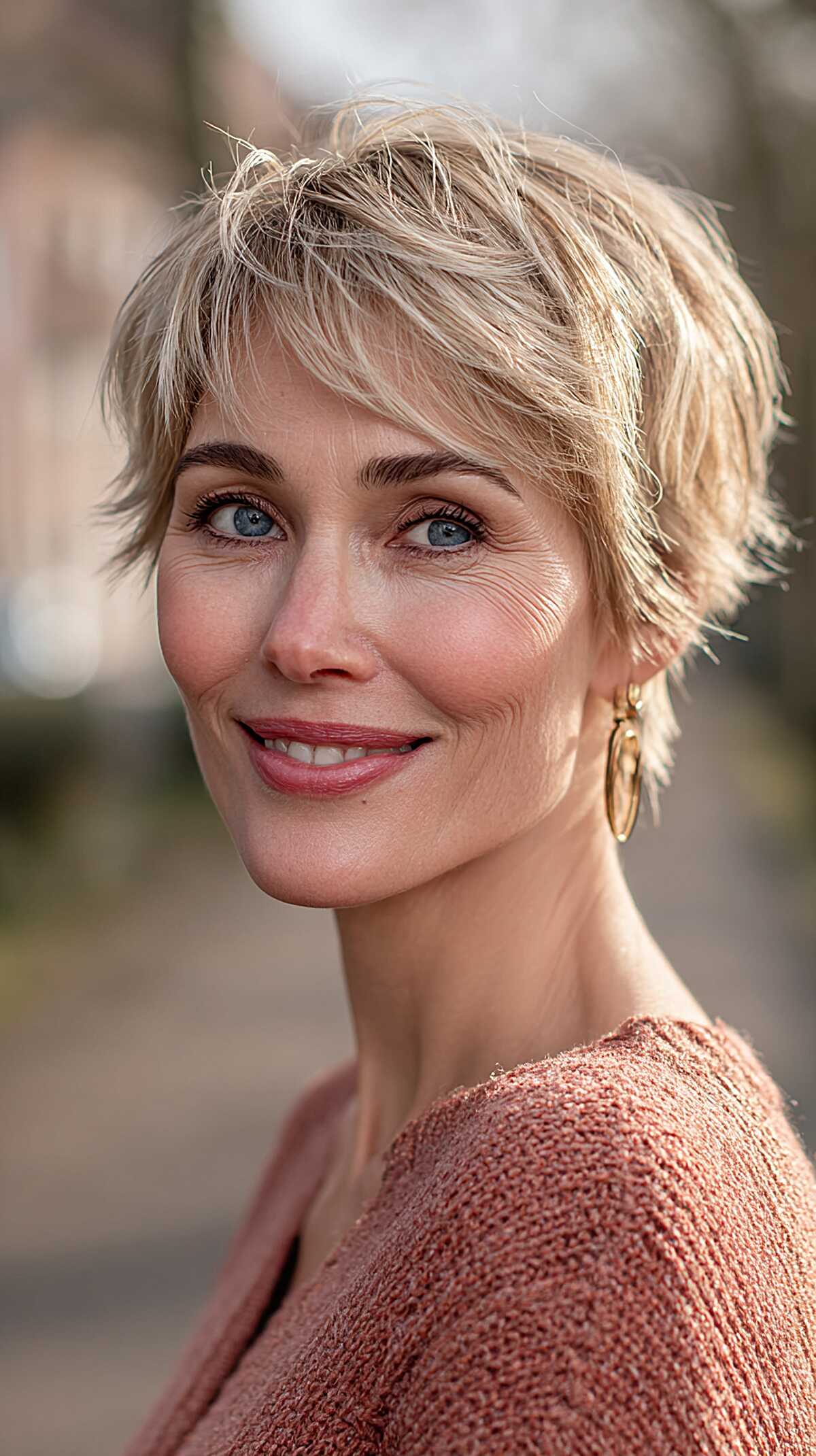 Sandy Blonde Razored Pixie with Choppy Fringe and Ear-Length Wisp
