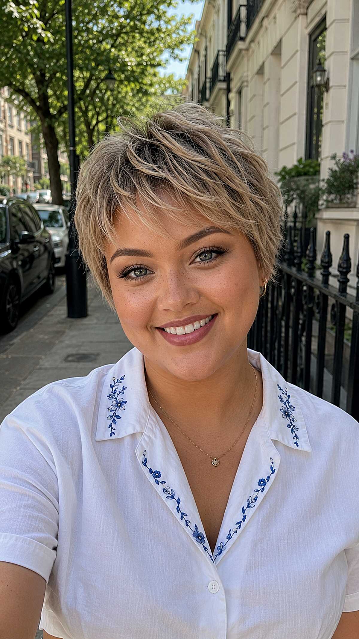 Sandy blonde textured pixie with piece-y fringe layers