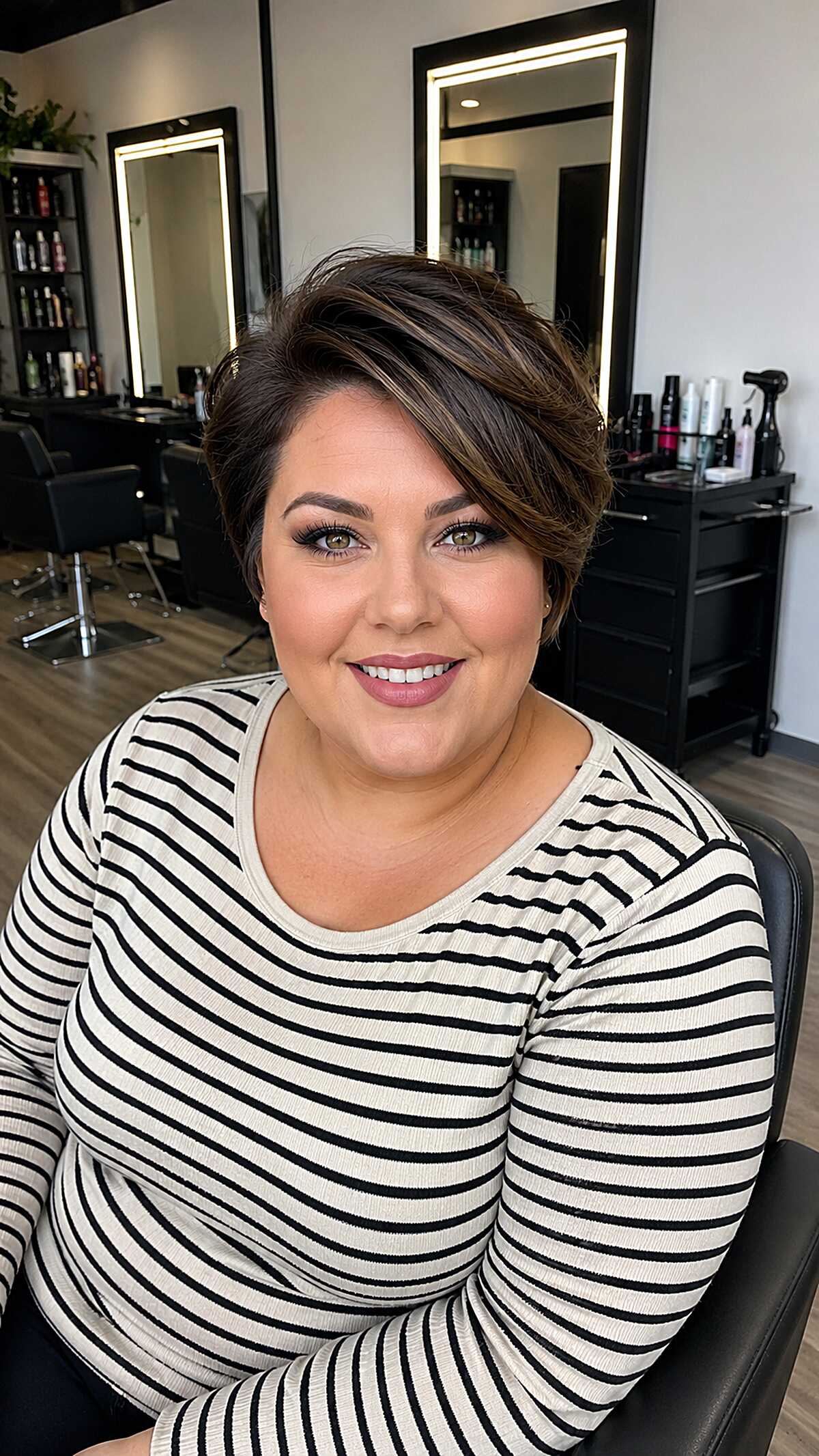 Side-Swept Pixie Bob with Warm Brunette Highlights