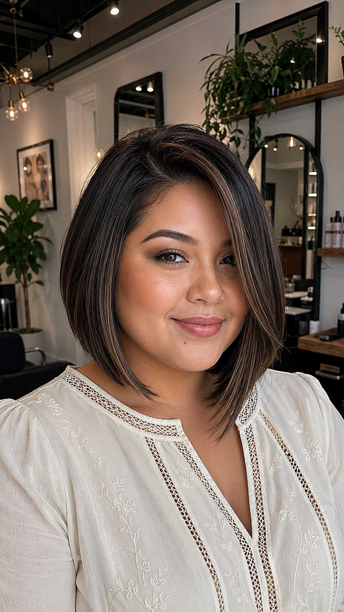 Sleek dark angled lob with caramel highlight ribbons