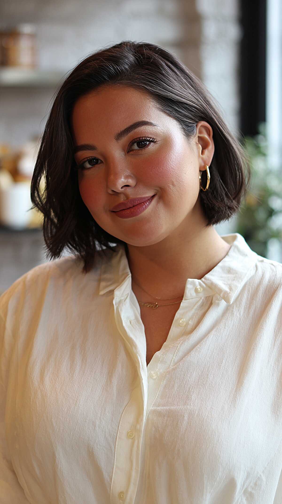 Slight Side Part Chin-Length Bob in Cool Dark Chocolate