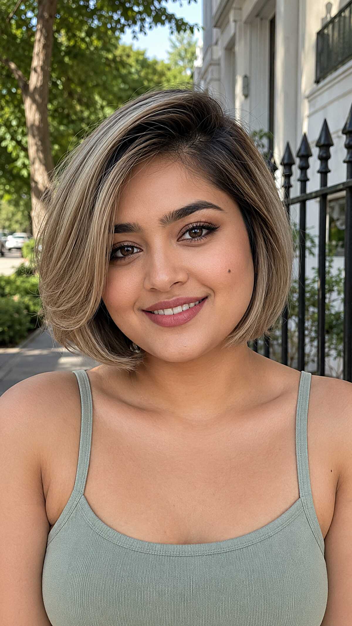 Chin-length blonde bob with soft highlights and volume