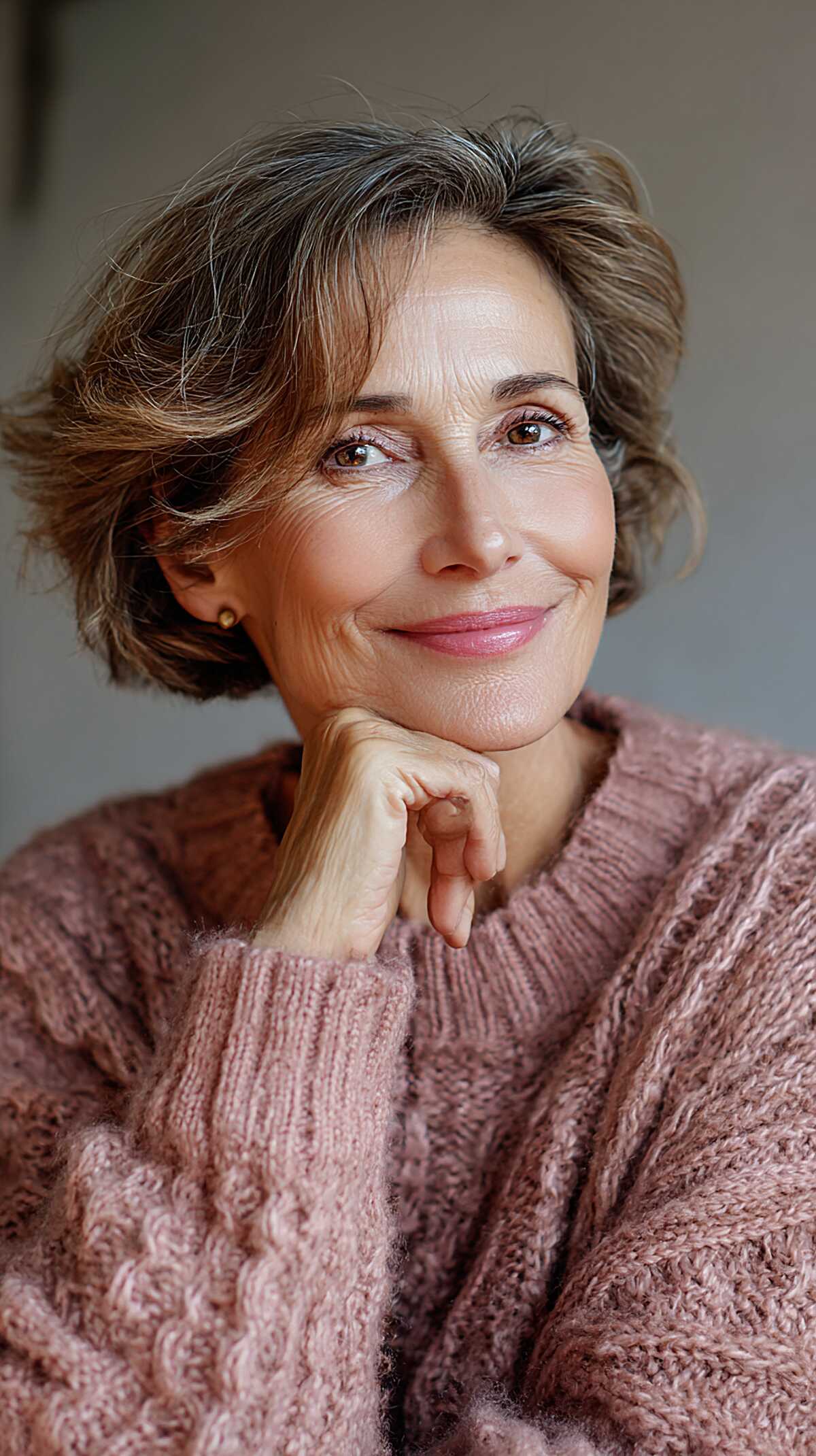 Soft Brunette Ear-Length Crop with Piecey Movement