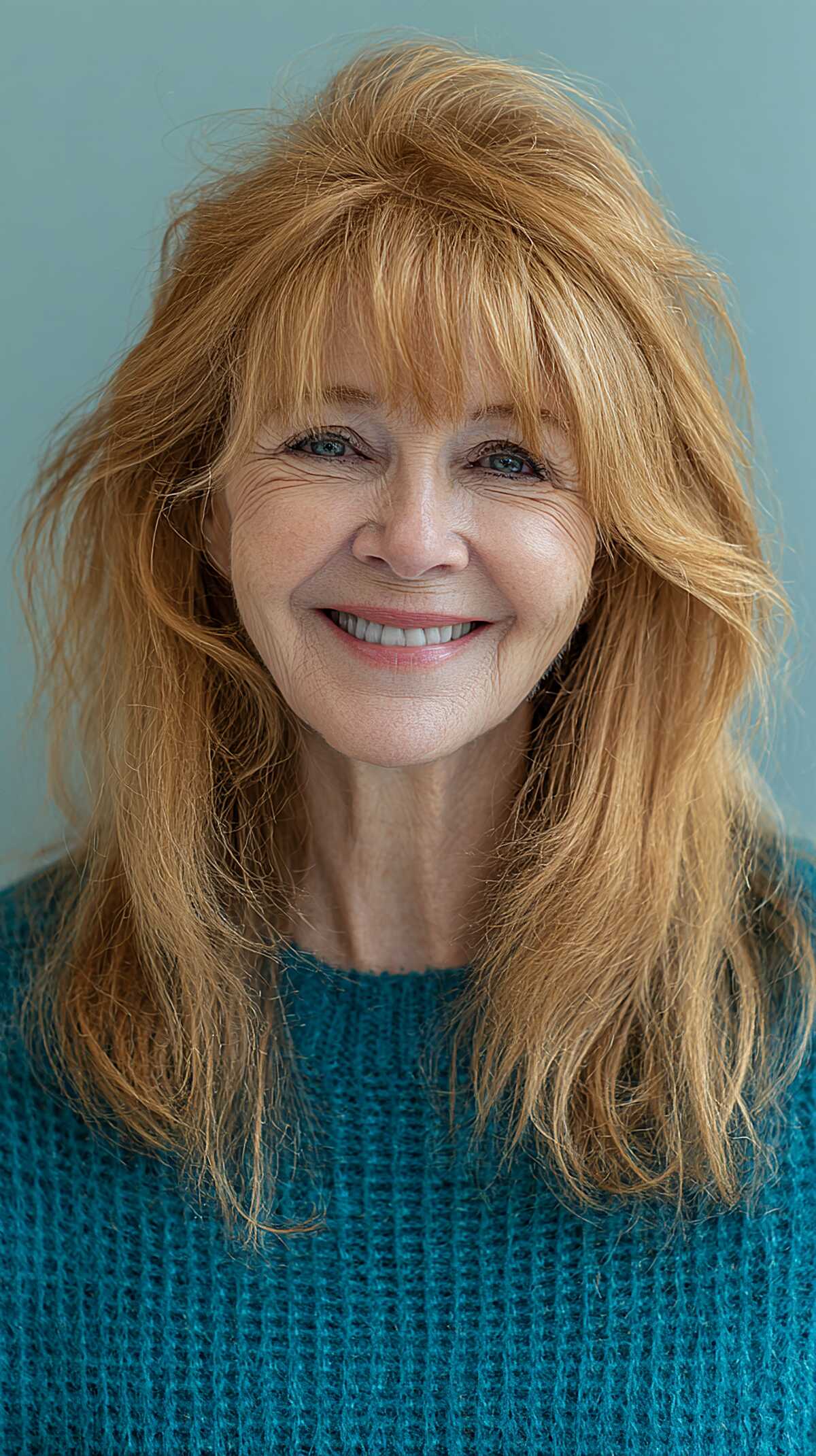 Strawberry Blonde Shoulder-Length Shag with Choppy Bangs