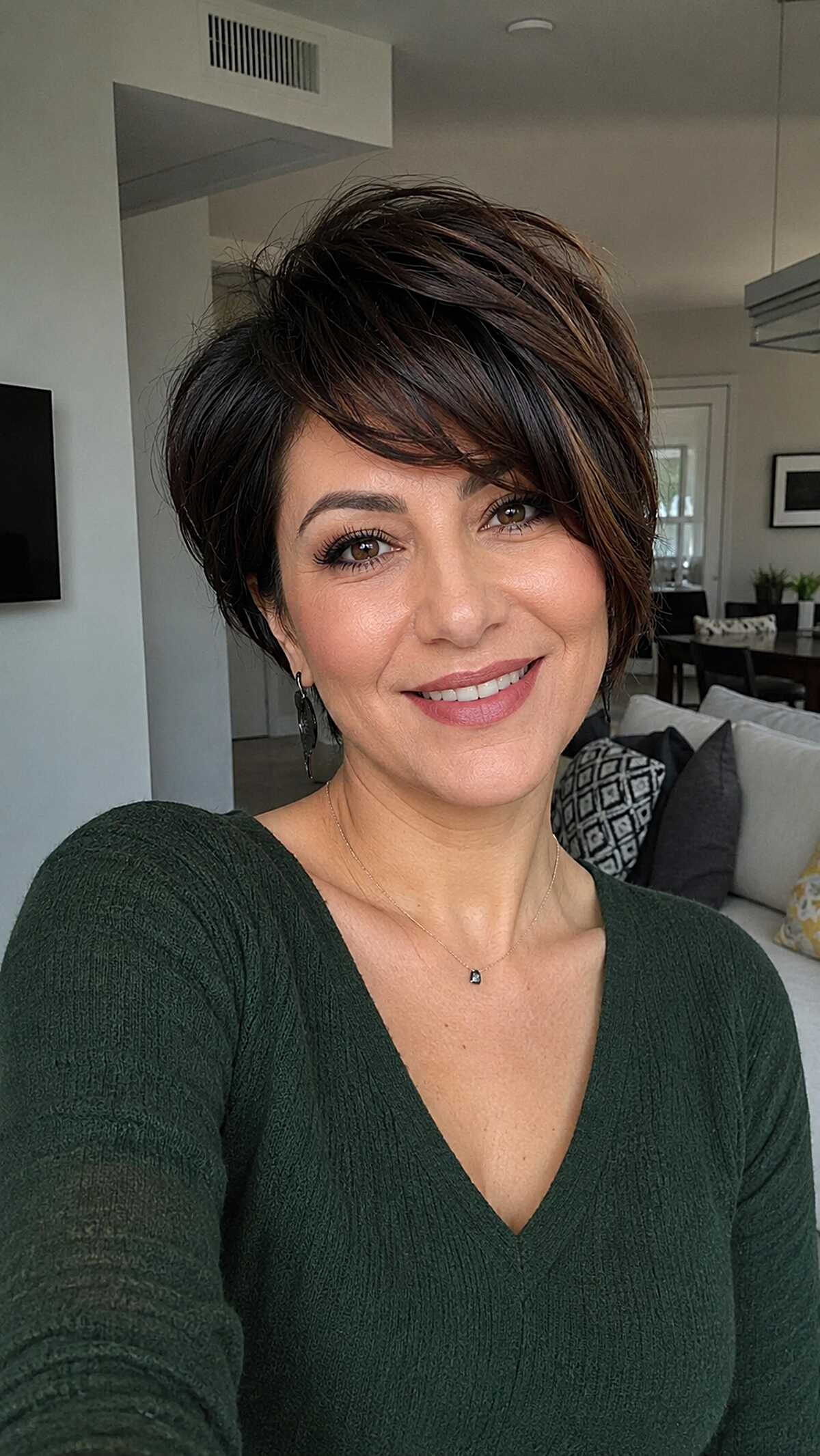Swept Dark Chocolate Pixie with Stacked Crown Volume