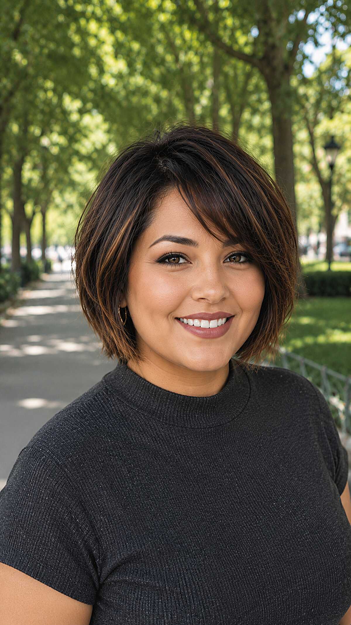 Textured dark bob with warm highlights and hidden layers